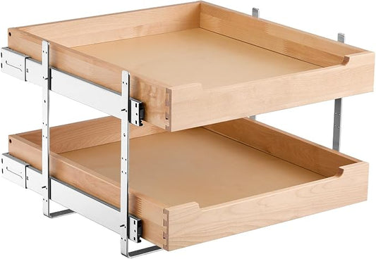 VEVOR 2 Tier Pull Out Cabinet Organizer, 20" W x 21" D Cabinet Drawer, Soft Close Slide out Shelf, Heavy-Duty Sliding Wood Drawer, Adjustable Base Cabinet Organization for Kitchen Pantry Bathroom