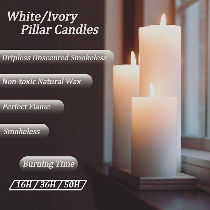 White Pillar Candles Bulk Set of 3，Hurricane Candlesï¼? Different Lengths 2 x 3/6/8 Inch，Dripless Unscented Smokeless，Gives You a Better Atmosphere When Organizing an Event Party.