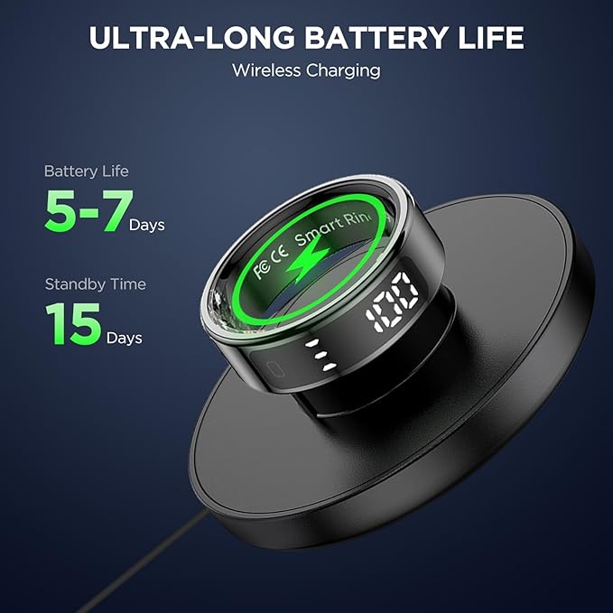 Smart Ring Health Tracker with Display Screen, Sleep Tracker with Heart Rate, Fitness Ring Step Tracker for Activity Monitoring/Steps/Calories,Wireless Charging, for iOS Android (Silver,12#)