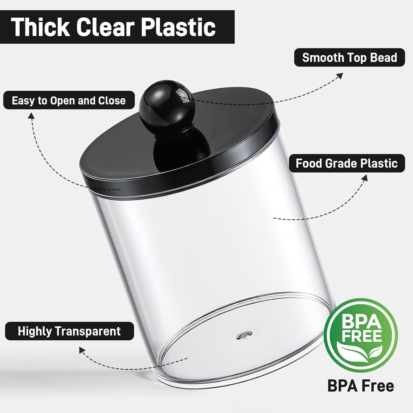 Skiennix Acrylic Qtip Holder Dispenser - 3 Pack Cotton Swab & Makeup Organizer Set | Clear & Black