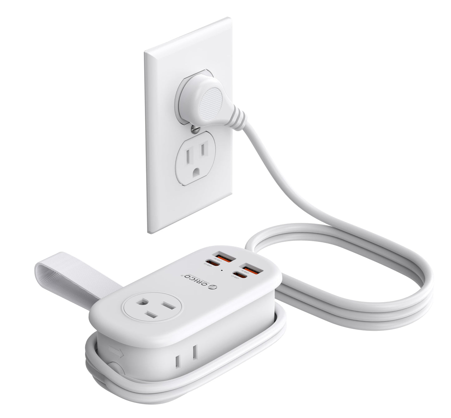 ORICO 65W GaN Travel Power Strip with 7-in-1 Charging Ports (3 AC Outlets/2 USB-A/2 USB-C), Flat Plug and 4FT Extension Cord, Fast Charger for MacBook Pro/Air, iPad Pro, iPhone 17/16/15- AP3