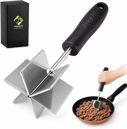 Large Stainless Steel Meat Chopper & Masher | Dishwasher Safe | 6-Blade Ground Beef Chopper Tool | Hamburger Smasher | Oversized Ergonomic Handle | Heat Resistant Grip - 10" (Black 10")