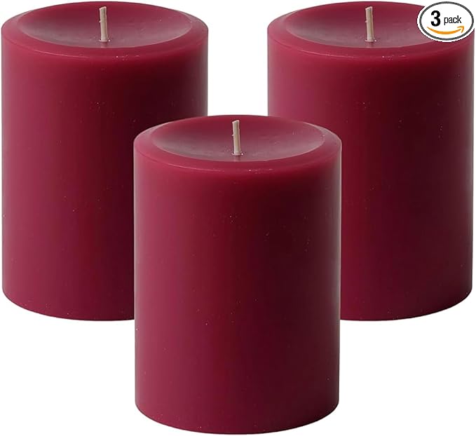 Mister Candle Dripless Unscented Pillar Candles, Set of 3 Hand Poured Solid Color Non-Scented Candles for Home Decor, Premium Wax, 60 Hr Burn Time - 3x4 Inch, Burgundy