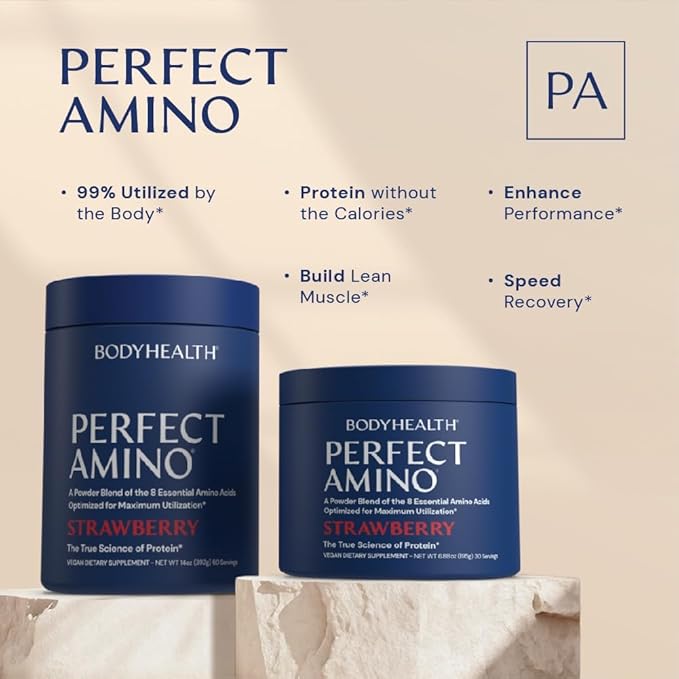 BodyHealth PerfectAmino Powder - BCAA and EAA Powder for Pre and Post Workout - Amino Acid Energy Drink for Men and Women to Support Lean Muscle and Recovery - Strawberry - 60 Servings