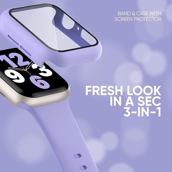 Compatible for Apple Watch Band 40mm 41mm and Case with Screen Protector, Soft Silicone Sport Strap Bands and Protective Cover with Tempered Glass for iWatch Series 9 8 7 SE 6 5 4