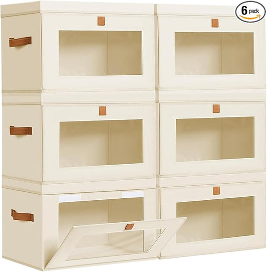 DIMJ Storage Bins with Lids - 6 Pack Fabric Closet Organizer with Window & Handles, Collapsible Decorative Storage Boxes for Shelves Under Bed, Books Clothes Blankets Sweaters Organization