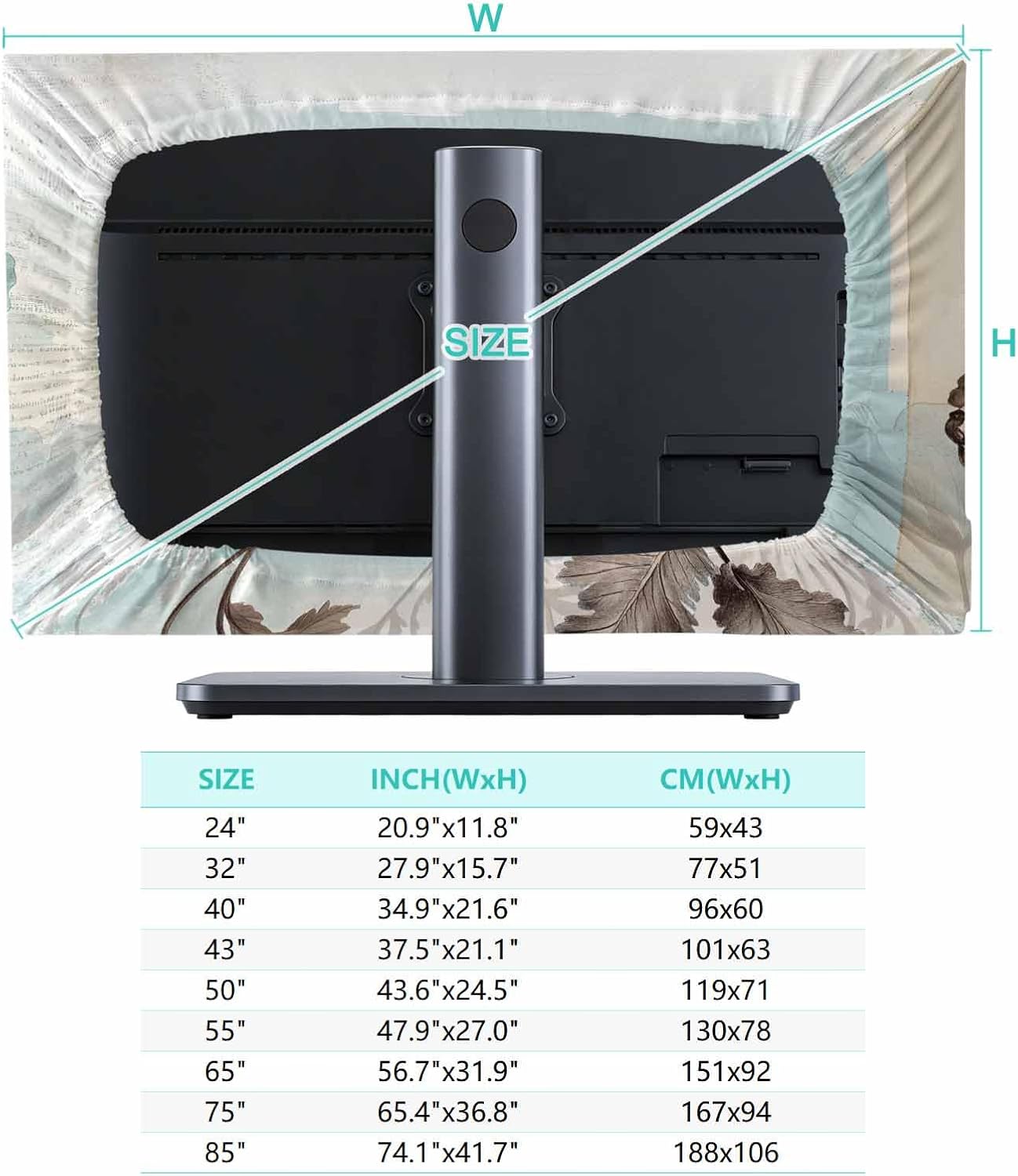 Yukro 85 Inch, 74"x42" Blue Broccoli Indoor TV Dust Cover, Vintage Victorian Style Flowers Elastic TV Dustproof Cover