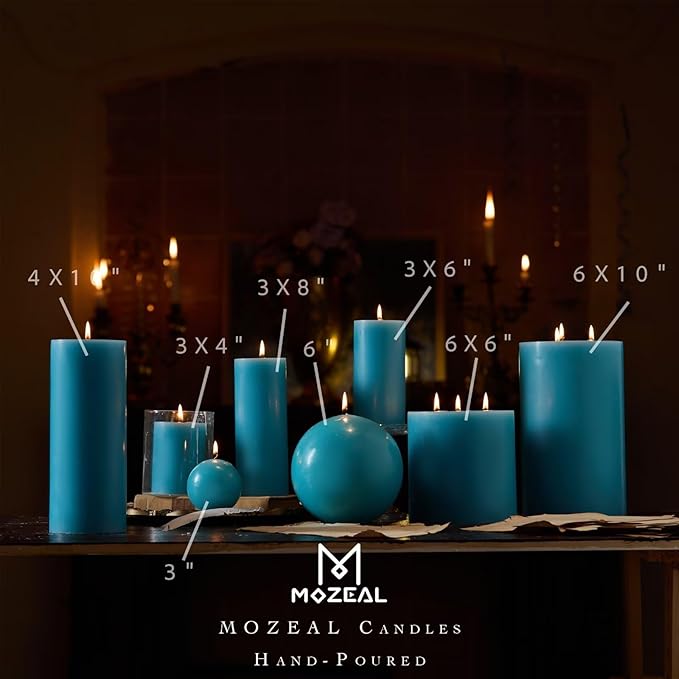 MOZEAL 3" x 4" Hand-Poured Unscented Candle,Dripless Pillar Candle Set of 3,Long Clean Burning,Approx 72 Hours Burn Time,Rustic Country Style,Wedding,Dinner,Christmas and Home Decor,Turquoise Teal