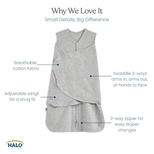 HALO Sleepsack Swaddle - 100% Cotton 3-Way Adjustable Wearable Blanket | TOG 1.5, Midnight Moons Grey, Small (3-6 Months)