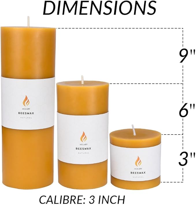 3"x 3" Beeswax Pillar Candle, Made of Pure Natural Beeswax, with Ultra Long Burning Time and Low Allergenicity-Rawï¼?0H