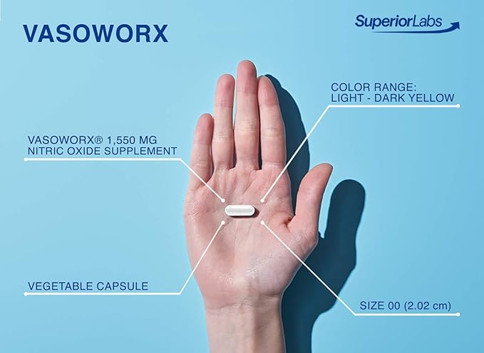 Superior Labs VASOWORx Nitric Oxide Booster 1600mg, Pure Non-GMO, Extra-Strength L-Arginine & L-Citrulline Blend, Supports Energy, Endurance, Muscle Pump & Healthy Circulation, 180 Veg Caps
