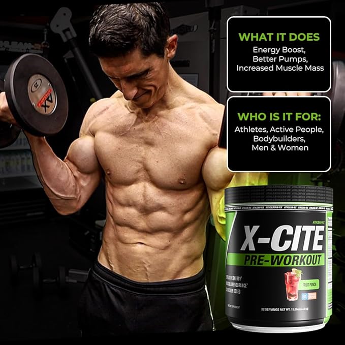 X-CITE Pre-Workout by ATHLEAN-X - Enhanced Formula with Beta-Alanine, Creatine & Caffeine for Ultimate Energy, Endurance, Focus & Muscle Pump, NSF Certified for Sports (22 Servings, Fruit Punch)