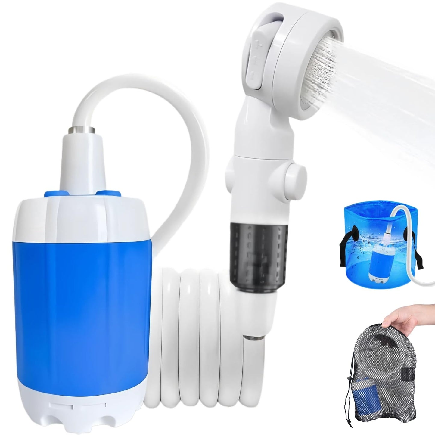 Portable Shower for Camping, Rechargeable Portable Camping Shower Pump with USB-C, Camp Shower with 3 Spray Modes, Outdoor Shower Kit for Camping, RV, Travel, Pet Bath, Watering Plants (+ Mesh Bag)