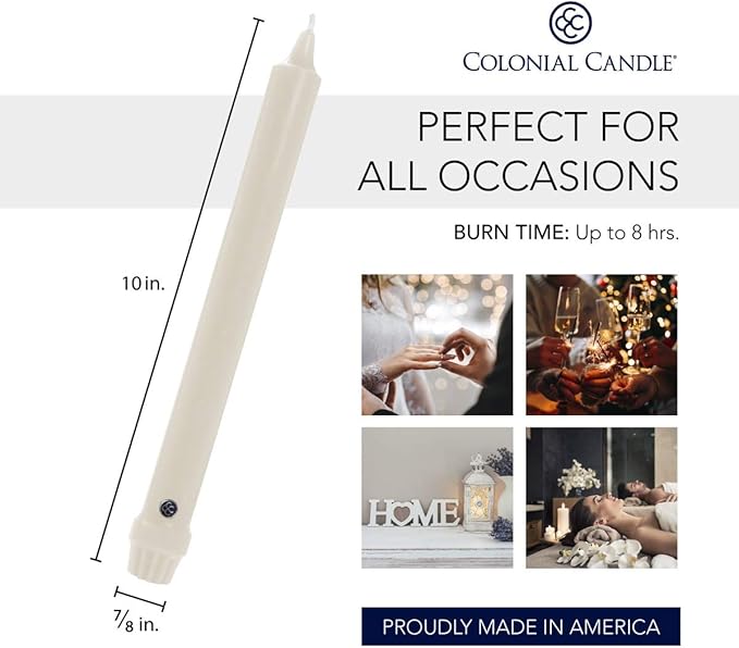 Colonial Candle Unscented Taper Candle, Classic Collection, Indigo, 10 In, Pack of 12 - Up to 8 Hours Burn