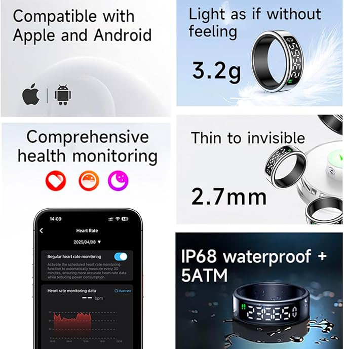 Smart Health Ring with Screen,for Women Men Fitness Tracker Heart Rate, Blood Oxygen, HRV, Sleep Monitoring, Step Counting, IP68 for iPhone and Android, No Subscription Fee (Silver, 10#)
