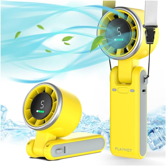 PlayHot Portable Handheld Turbo Fan - 5-Speed Rechargeable 5000mAh Battery | Lightweight 3-in-1 Design, Yellow