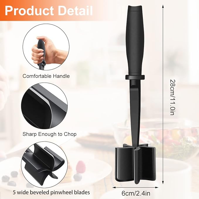 8Pcs Ground Meat Chopper - Nylon Nonstick Ground Beef Chopper with 5 Curved Blades & Ergonomic Non-Slip Handle, Dishwasher Safe Sturdy Meat Masher, Heat-Resistant Potato Masher for Kitchen