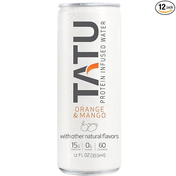TATU Ready-To-Drink Protein Infused Water Orange Mango 12 Pack. 15 grams of whey protein isolate, 0 grams of sugar, only 60 calories. Lemon Ginger and Orange Mango. Gluten Free, lactose free.…