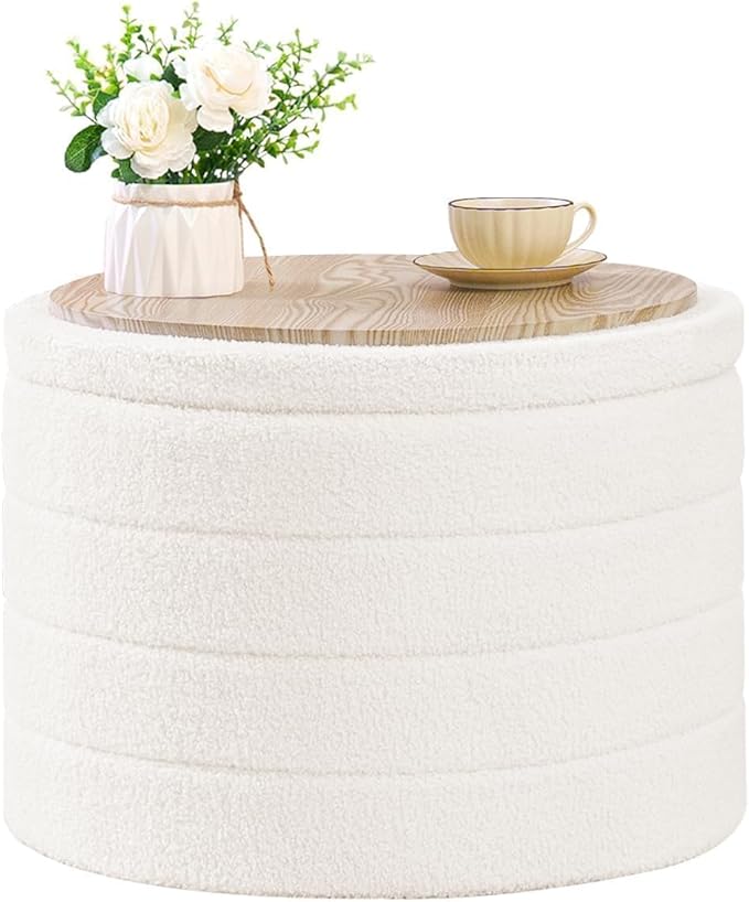 B FSOBEIIALEO Ottoman with Stroage, Round Sherpa Storage Ottoman Stool, Boucle Foot Rest22 x 22"x15.75" (White)