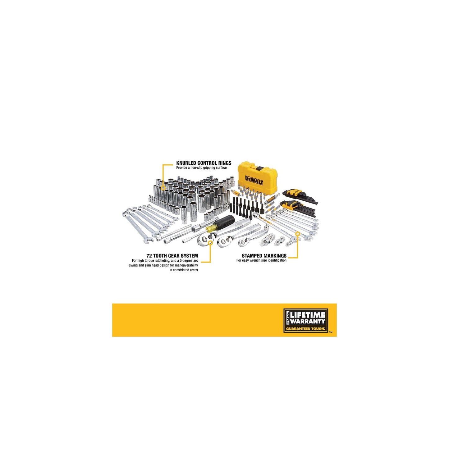 DEWALT Mechanic Tool Set with Case, Socket Set Metric and Standard Full, 1/4" & 3/8" Drive, Hex Keys and Specialty Tools, 168-Piece (DWMT73803)