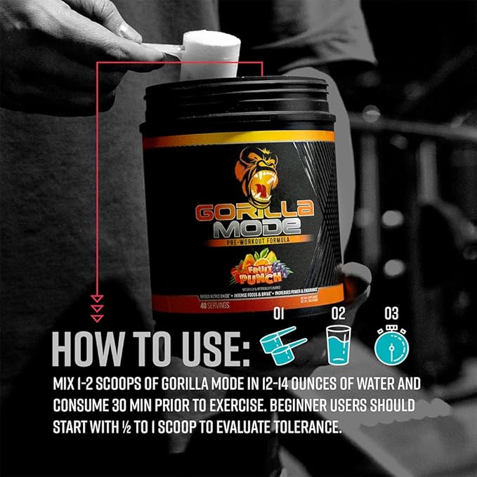 Gorilla Mode Pre Workout - Massive Pumps · Laser Focus · Energy · Power - L-Citrulline, Creatine, L-Tyrosine, Betaine, Hydroprime®, Alpha-GPC, 400mg Caffeine, Huperzine A - 776g (Rainbow Sherbet)