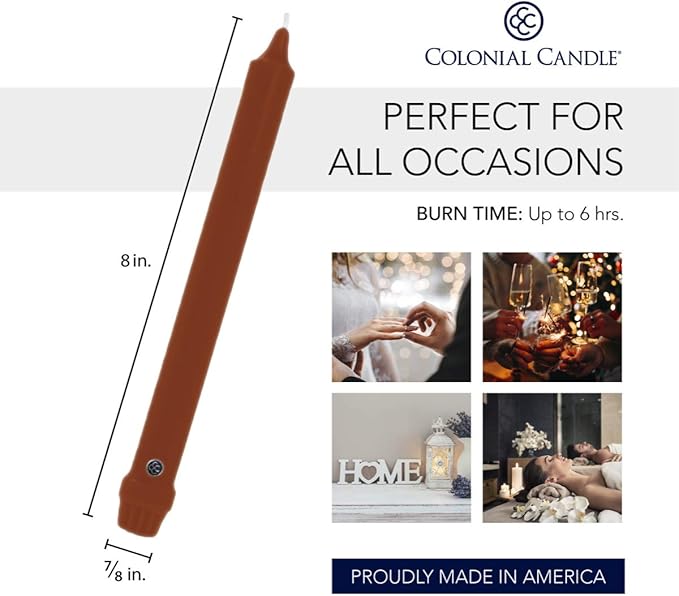 Colonial Candle Unscented Taper Candle, Classic Collection, Amber, 8 in, Pack of 12 - Up to 6 Hours Burn