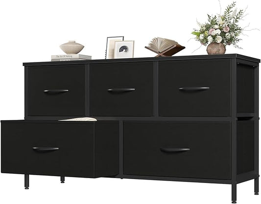 OLIXIS 5 Drawer Dresser for Bedroom, Closet Chest Organizer Furniture, TV Stand for Living Room Hallway, Wide Fabric Storage Tower with Wooden Top and Metal Frame, Black
