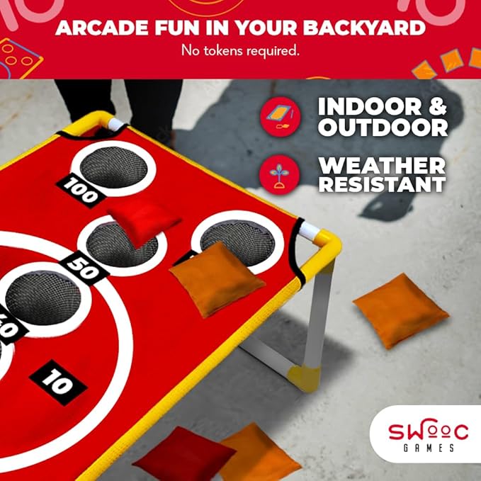 SWOOC Games - Coney Island Toss™ - Arcade Style Cornhole Board Set w/Carrying Case & 15+ Games - Corn Hole Games for Adults - Kids Bean Bag Toss Game - Kids Cornhole Set w/Bags - Outdoor Yard Games