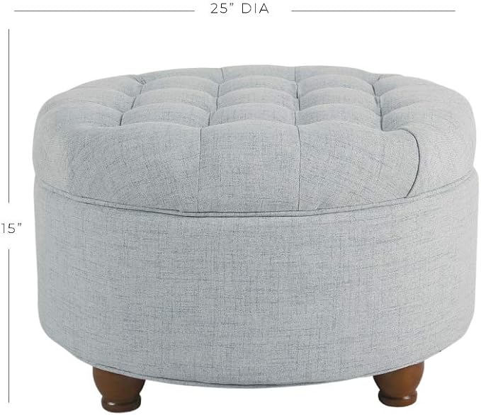 Homepop Home Decor | Button Tufted Woven Round Storage Ottoman | Ottoman with Storage for Living Room & Bedroom (Light Blue)