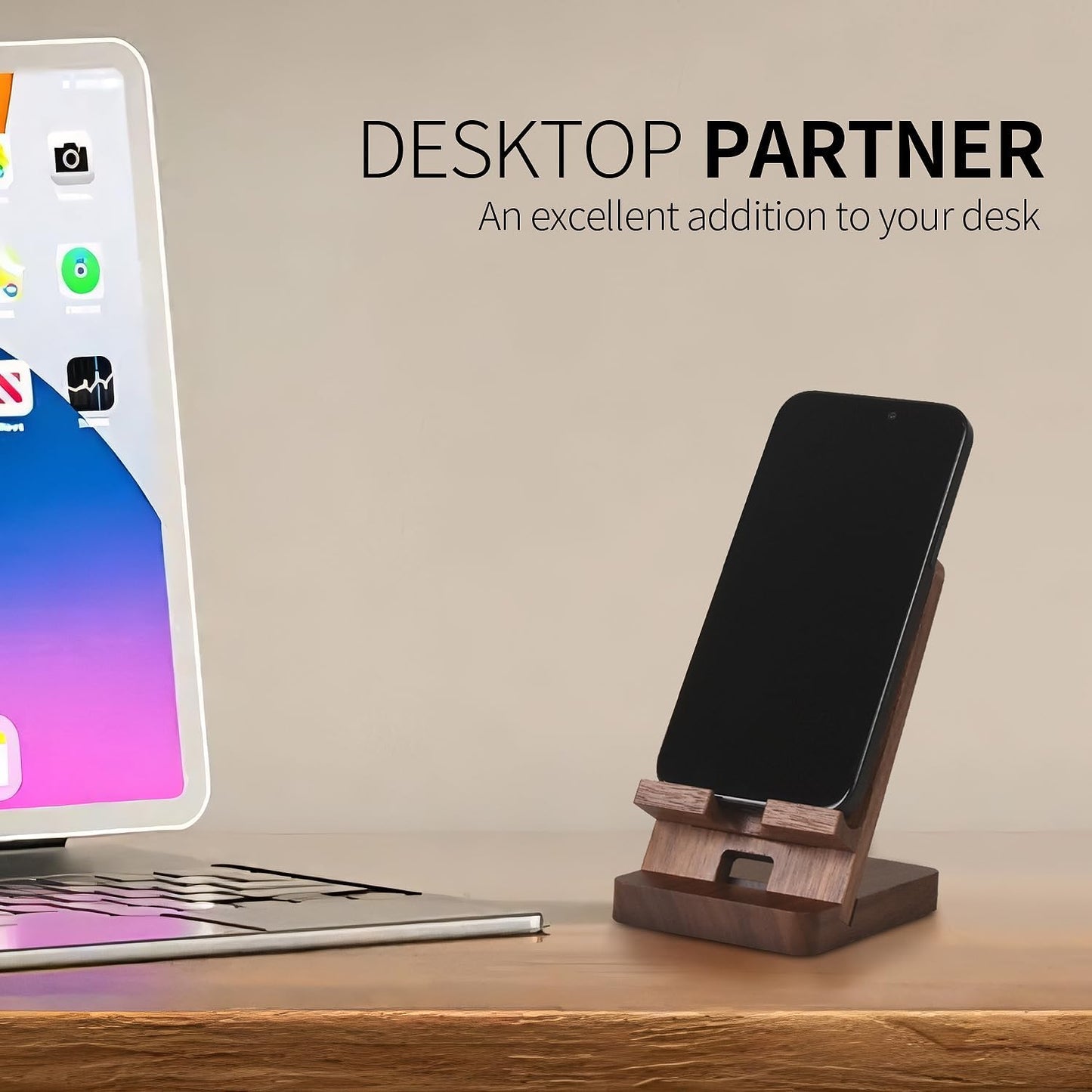 Abbolinxus Wood Phone Stand with Mirror, Desktop Wooden Phone Holder, Portable Office Phone Stand for Desk, Wood ipad