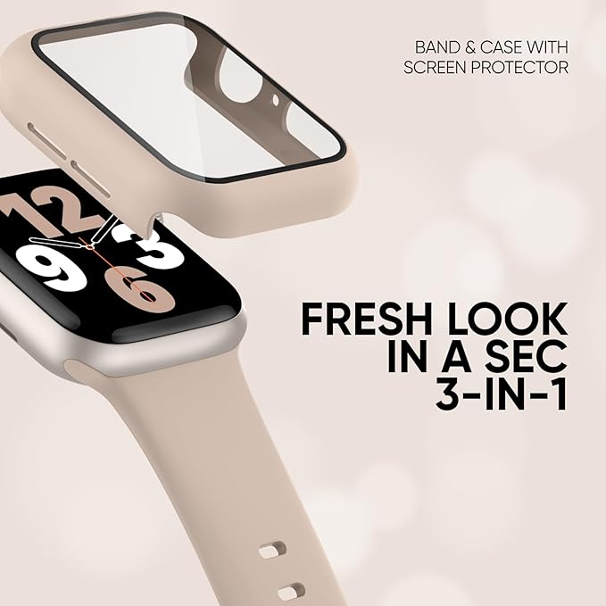 Compatible for Apple Watch Band 44mm 45mm and Case with Screen Protector, Soft Silicone Sport Strap Bands and Protective Cover with Tempered Glass for iWatch Series 9 8 7 SE 6 5 4