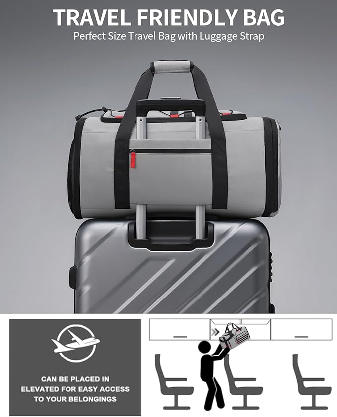 Gym Bags for Men Women, 45L Sports Travel Duffle Bag with Shoe Compartment, 3 in 1 Weekener Overnight Backpack with Wet Pocket, Grey