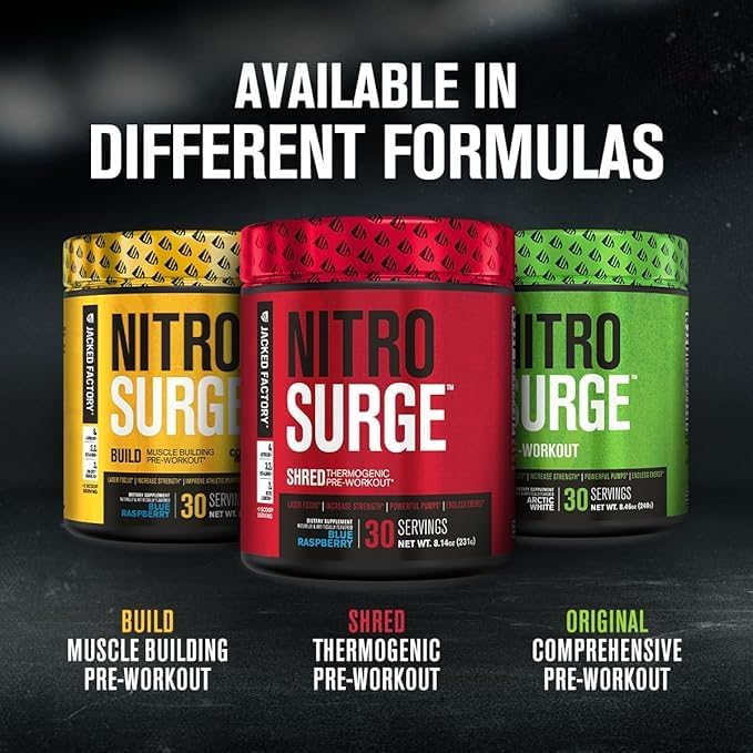 Jacked Factory NITROSURGE Shred Pre Workout Supplement - Energy Booster, Instant Strength Gains, Sharp Focus, Powerful Pumps - Nitric Oxide Booster - 30Sv, Grape Limeade