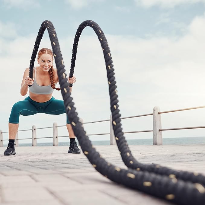 MECCANIXITY Battle Rope 20ft x 1.5 Inch Polyester Workout Rope Heavy Fitness Exercise Rope for Strength Training Home Gym Muscle Building, Black Yellow