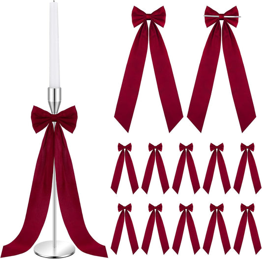 Teenyyou 12 Pcs Red Valentine's Candlestick Bows - 13 Inch Large Self-Adhesive Table Decor for Weddings & Parties