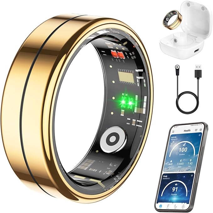 Fit Ring, Smart Health Rings for Women Men with Heart Rate,Blood Oxygen,HRV,Stress Level, Sleep Monitor, Step Tracker, No Subscription Fee, IP68 Waterproof Smart Ring for iphone &Android (Gold, 10#)