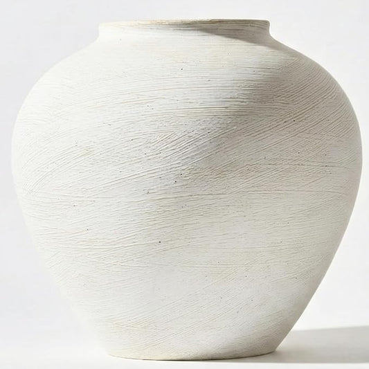Large White Vase for Centerpieces - 11" Wide Textured Stone Look Metal Flower Vase for Table Decor - Rustic Farmhouse Vases for Living Room Dining Room Home Decor