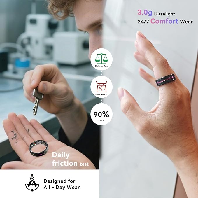 Smart Ring for Women Men,Health Fitness Tracker with Sleep/Blood Pressure/Oxygen Monitoring, Heart Rate & Activity Tracking,IP68 Waterproof, 7-Day Battery,No Subscription Fee 3-Black 10