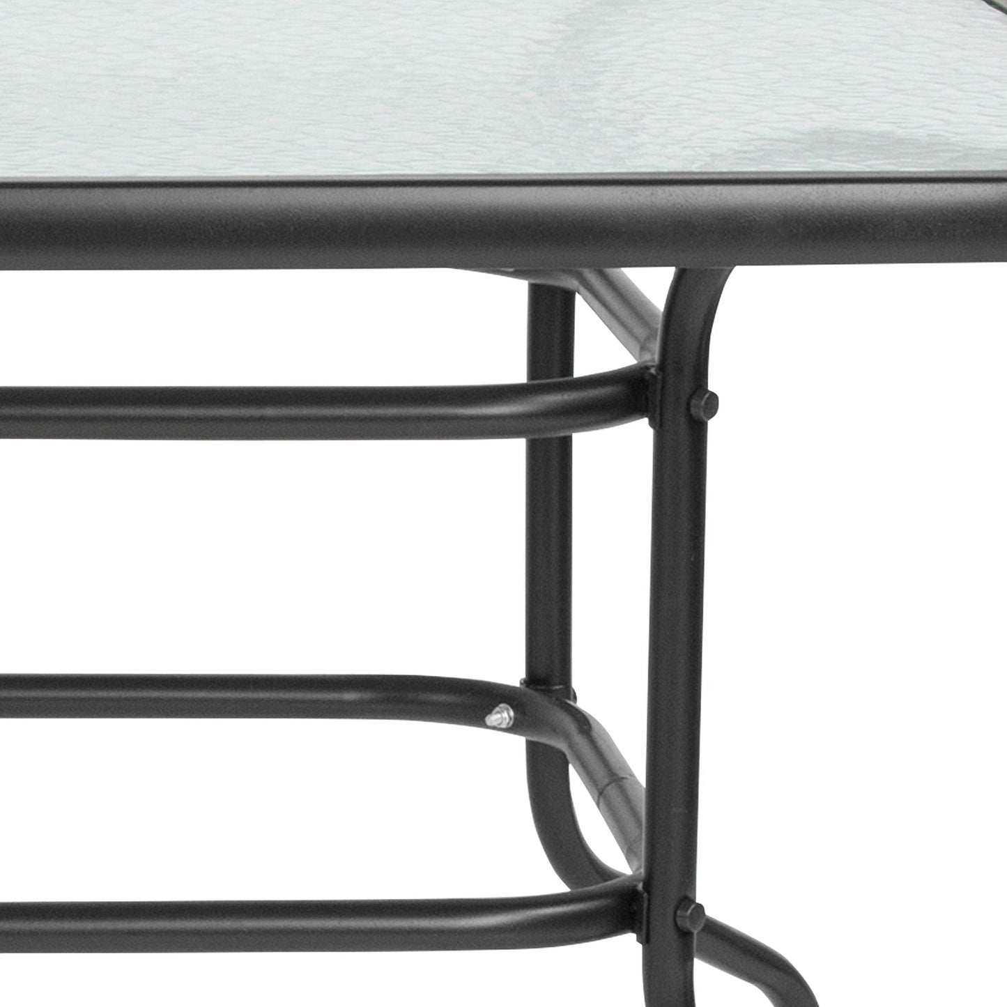 Flash Furniture Tory 31.5" x 55" Rectangular Tempered Glass Metal Patio Table with Umbrella Hole, Modern Rippled Glass Outdoor Dining Table, Black