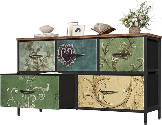 OLIXIS Dresser for Bedroom with 5 Drawers, Wide Chest of Drawers, Fabric Bedroom Dresser with Drawer Organizer, Storage Organizer Unit with Fabric Bins for Closet, Living Room, Hallway, Flower