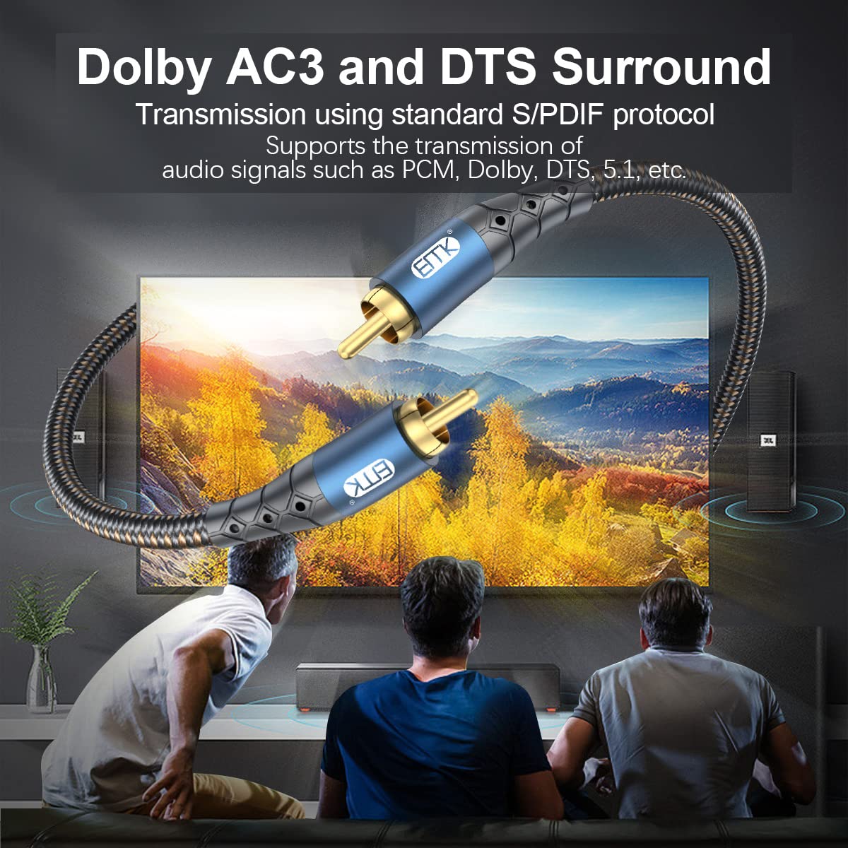 24K Systems,Subwoofer(6.6ft/2m) EMK Subwoofer Cable RCA to RCA Audio Cable Gold-Plated Nylon Braided Double Shielded