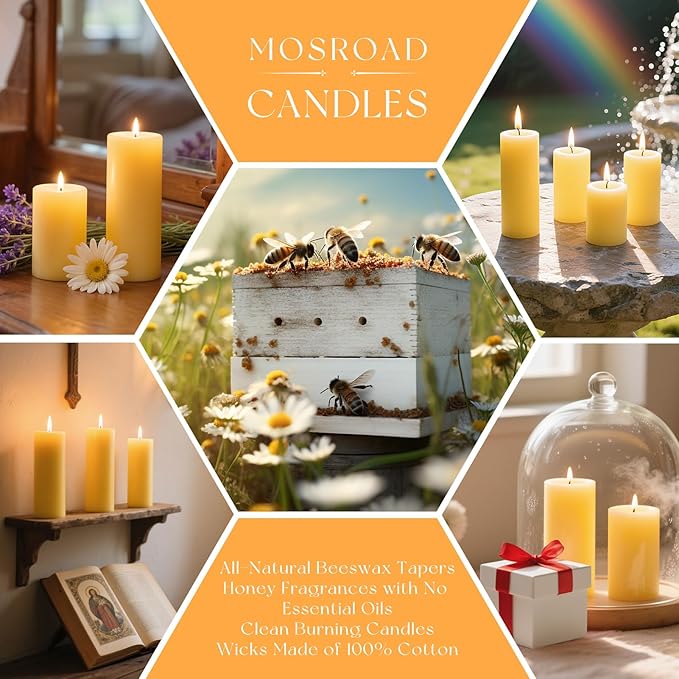 6 Packs 2x5 Inch Beeswax Candles, Natural Beeswax Pillar Candles with 52 Hours Burn Time, Organic Emergency Candle Long Burning for Home Decor, Gift Sending, Smokeless & Dripless