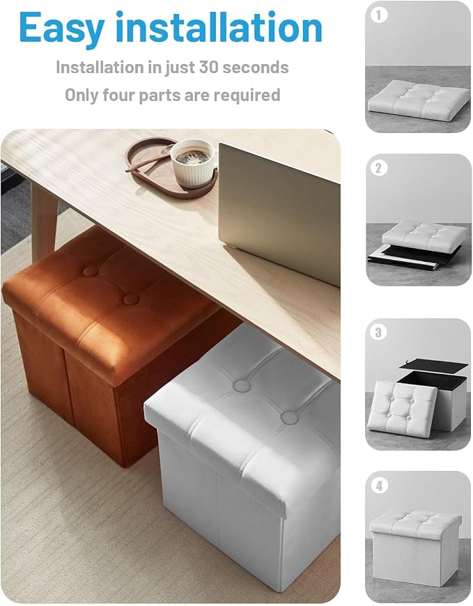 AmasSmile Storage Ottoman Foot Rest Stool, 17 inch Velvet Footstool Bench, Short Ottomans Stool, Small Folding Storage Ottoman Store Books, Records,White