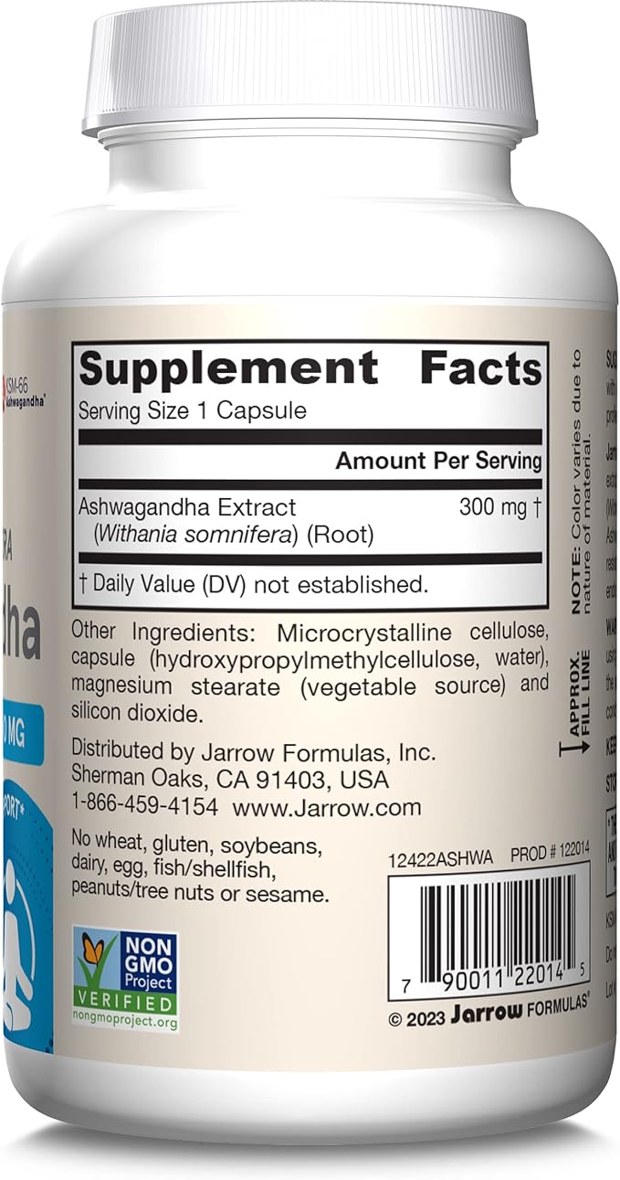 Jarrow Formulas® Ashwagandha Capsules, 300 mg Supplement Supports Normalized Resistance to Mental and Physical Stress, 120 Veggie Capsules, 60 Day Supply