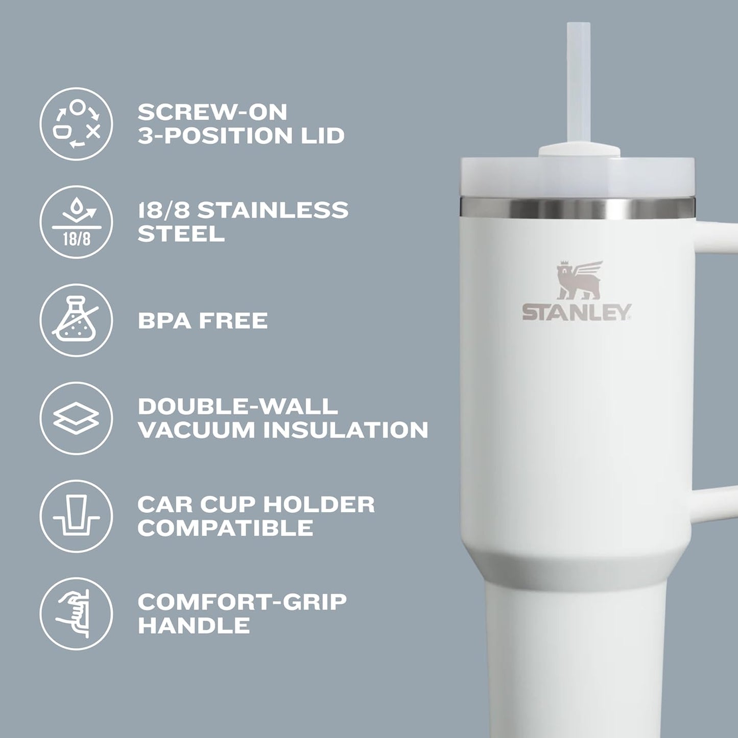 STANLEY Quencher H2.0 Tumbler - 30 oz Insulated Stainless Steel Cup with Handle & Straw | BPA-Free | Ash