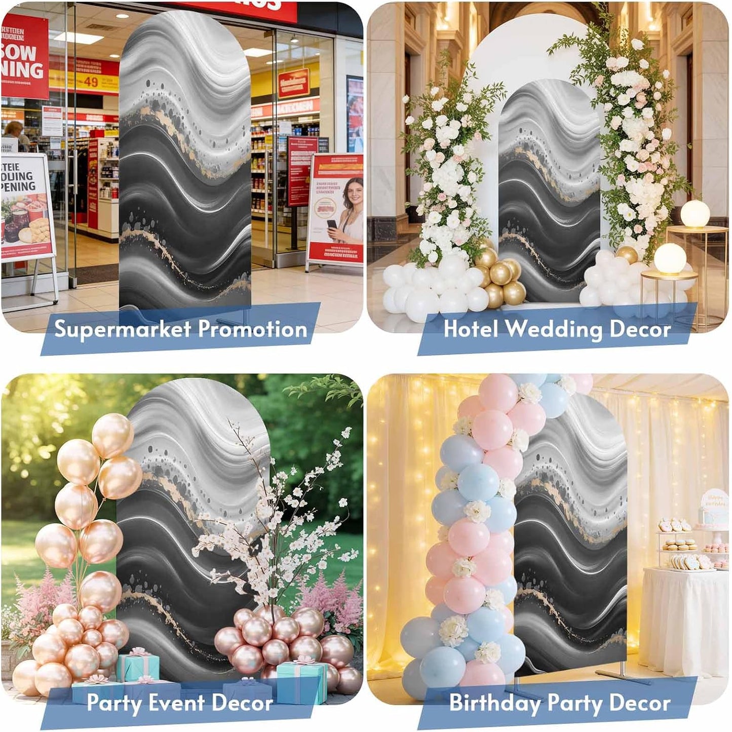 Jnbasdffb 6.6 Marble Wedding Arch Cover,Stretchy Spandex Arch Backdrop Stand Covers FT,Black Grey Oil Painting Gradient