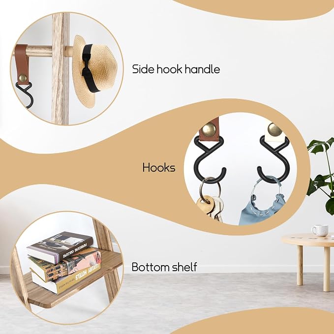 Wooden Ladder with Shelf for Room Decor, 6-Tier Decor Ladder with Non-Slip Mat & Hooks, Farmhouse Style Leaning Wall Display Holder