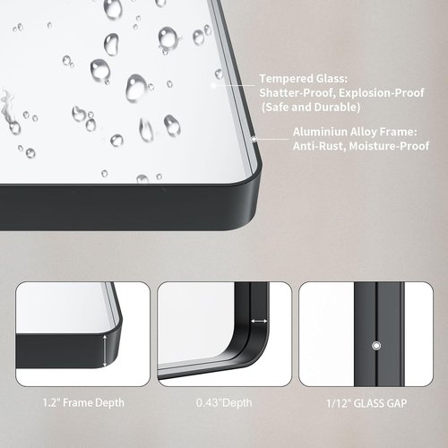 LOAAO Black Metal Framed Bathroom Mirror - Large Rounded Rectangle, Anti-Rust, 48x36 Inch, Versatile Hanging Options