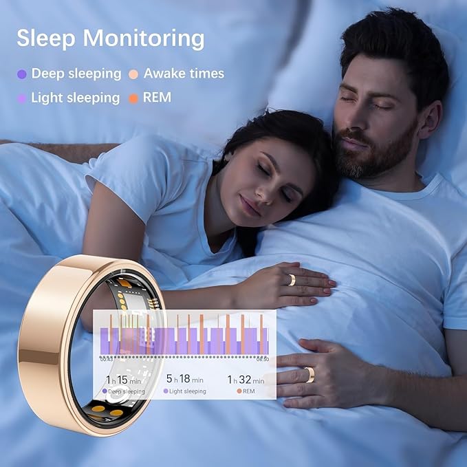 Ring Health Tracker for Women Men, Fit Ring with Heart Rate, Blood Oxygen, Sleep Monitor, Calories, Step Counter, IP68 Waterproof Smart Ring for iPhone & Android, No Subscription Fee (Rose Gold, 14#)