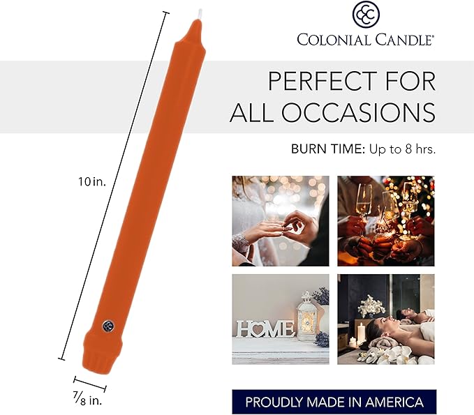 Colonial Candle Unscented Taper Candle, Classic Collection, Pumpkin, 10 In, Pack of 12 - Up to 8 Hours Burn